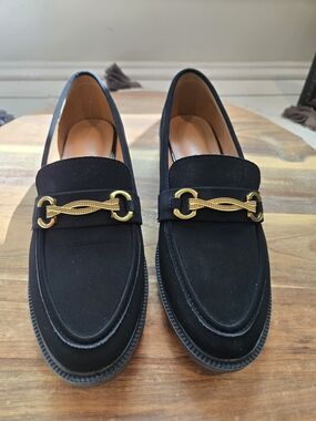 Black Suede Slip-On Loafers with Gold Chain Accent